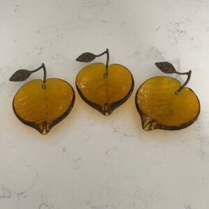 Trio of Amber Glass & Metal Hardware Home Decor in Leaf/Fruit Pattern Sz OS NWOT